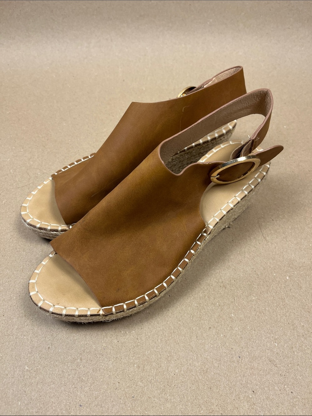 Catherine Malandrino Cognac Leather Espadrille Wedge Sandals Sz 9 Quiet Luxury